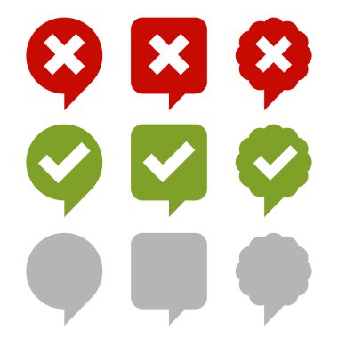 Onay kutusu simgeleri ayarlayın. Beyaz zemin üzerine yeşil ve kırmızı işaretler. Vektör