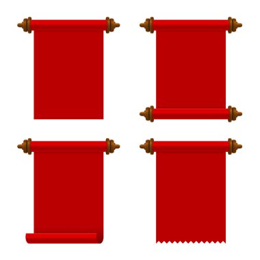 Antik kırmızı kağıt Scrolls beyaz arka plan sette. Vektör