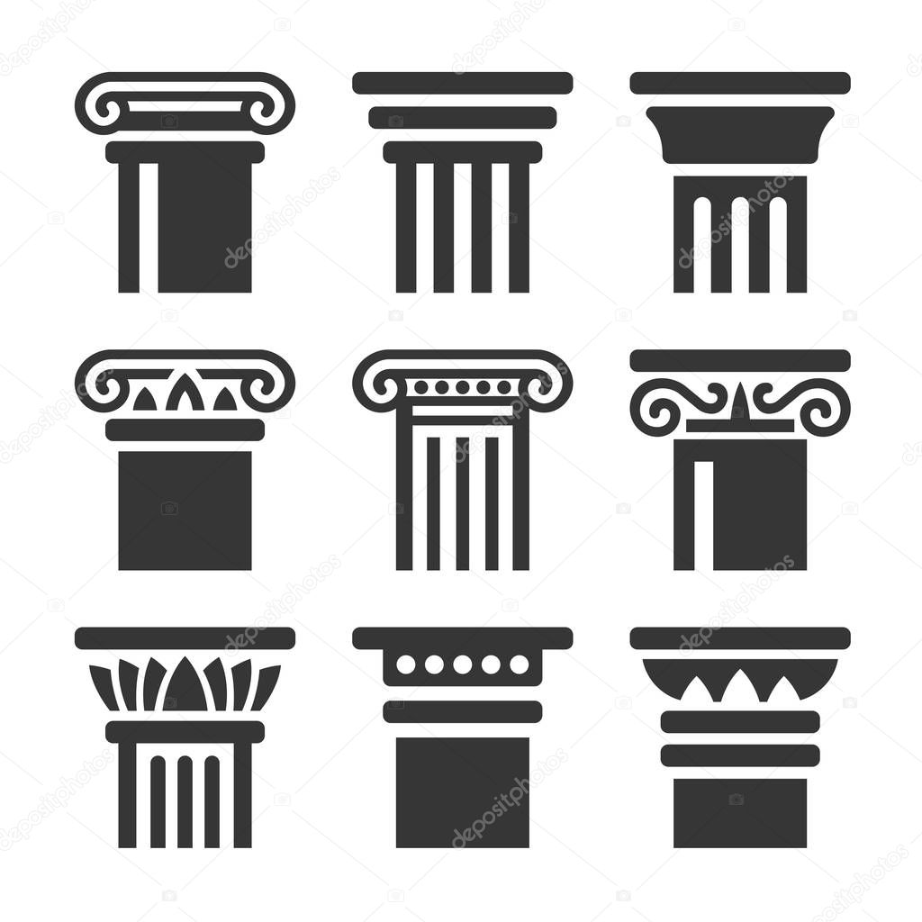 Ancient Columns Icon Set on White Background. Vector