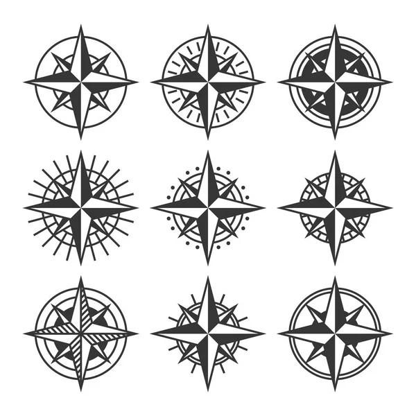 Compasses with Ornate Dials Set. Wind Rose Icons. Vector — Stock Vector