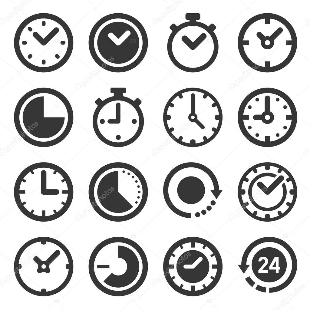 Clocks Icons Set on White Background. Vector