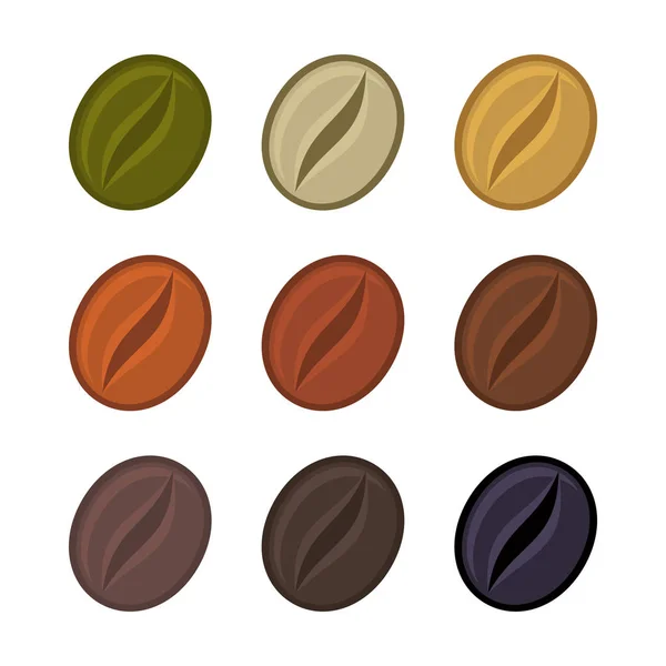 Kávová zrna různých fázích pečení Set. Vektor — Stockový vektor