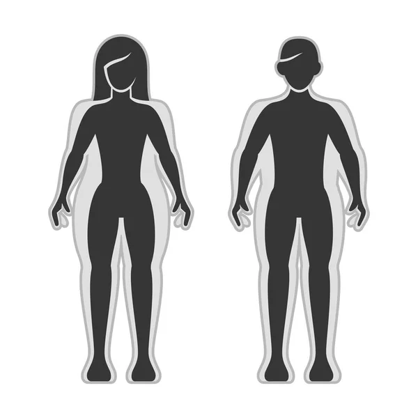 Conjunto de silueta de hombre y mujer gordo y delgado. Vector — Vector de stock
