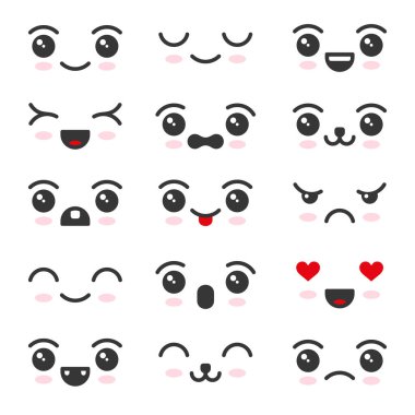 Sevimli Kawaii yüz simge seti beyaz arka plan üzerinde. Vektör