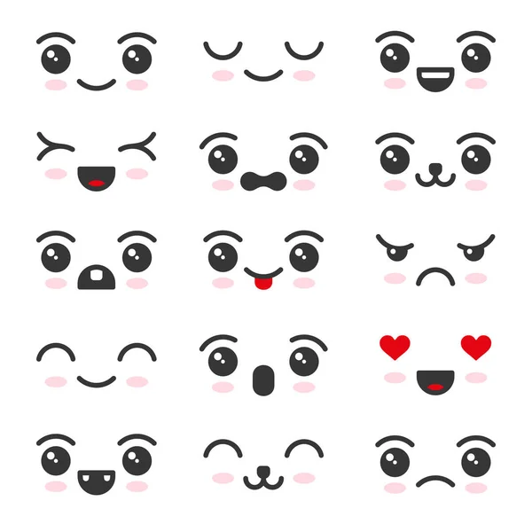 Cute Kawaii Face Icon Set sobre fondo blanco. Vector — Archivo Imágenes Vectoriales