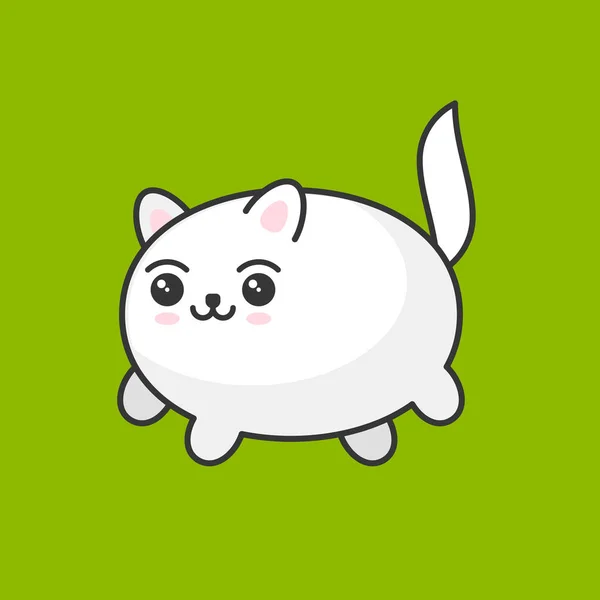 Kreskówka Kawaii biały kot na zielonym tle. Wektor — Wektor stockowy