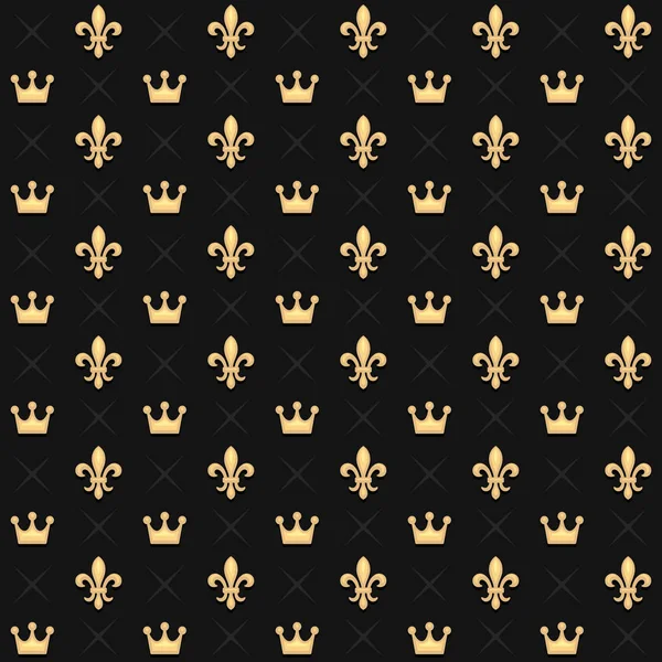 Nahtloses Muster mit Königskronen und königlicher Wappenlilie auf dunklem Hintergrund. Vektor — Stockvektor