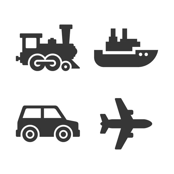 Conjunto de iconos de transporte. Señales de Avión, Tren, Nave y Auto. Vector — Vector de stock