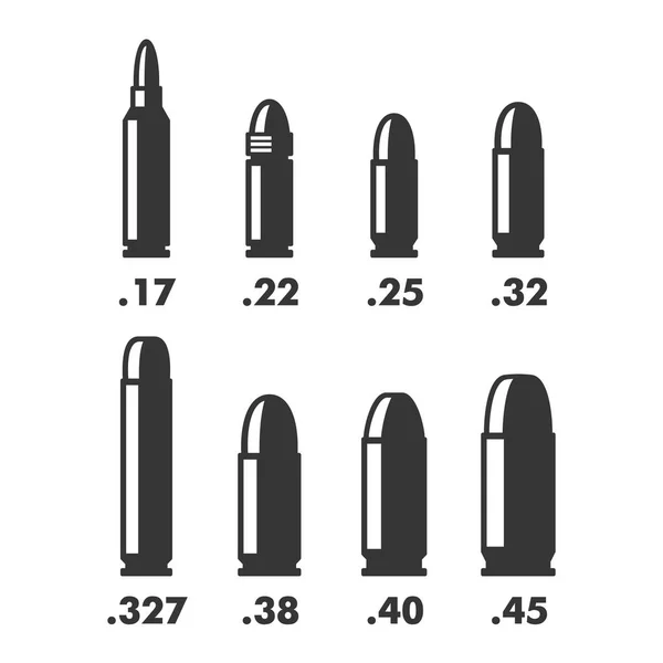 Gráfico de tamaños, calibres y tipos de balas de arma sobre fondo blanco. Vector — Vector de stock