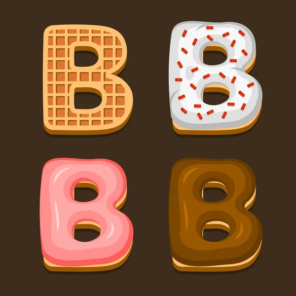 B Carta Bélgica Waffles com diferentes Toping Icon Set em fundo escuro. Vetor — Vetor de Stock