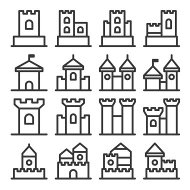 Beyaz arka plan üzerinde kale Icon Set. Satır stil vektör