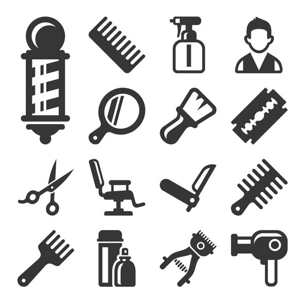 Barber Shop Salon Icons Set on White Background. Vector