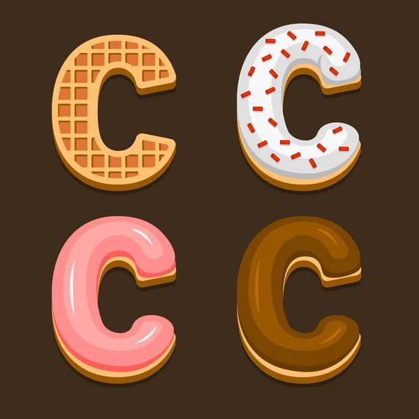 C Letter Belgien våfflor med olika toping ikon uppsättning på mörk bakgrund. Vektor — Stock vektor