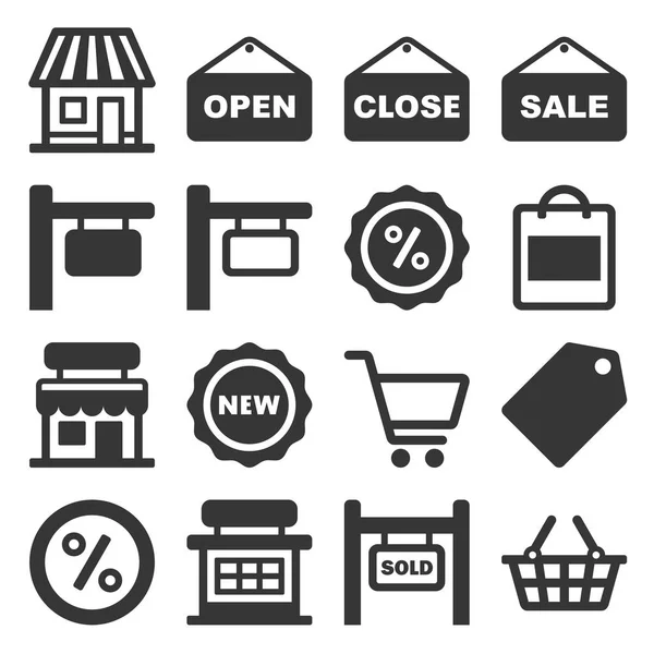 Letrero de la tienda y conjunto de iconos de compras. Vector — Vector de stock