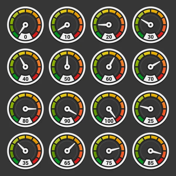 Velocímetro e indicadores iconos establecidos sobre fondo oscuro. Vector — Vector de stock