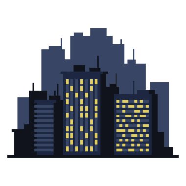 Gece Şehir Manzarası. Beyaz Arka Plan düz stil manzara. Vektör