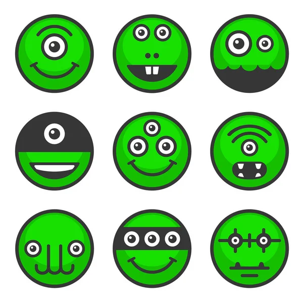 Carino Alien Monsters Set. Icone Avatar Verdi. Vettore — Vettoriale Stock