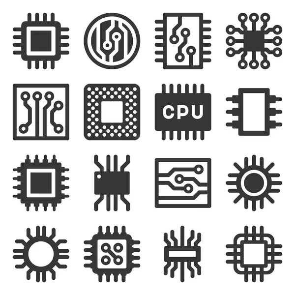 Computer elettronico Chips CPU Icons Set. Vettore — Vettoriale Stock