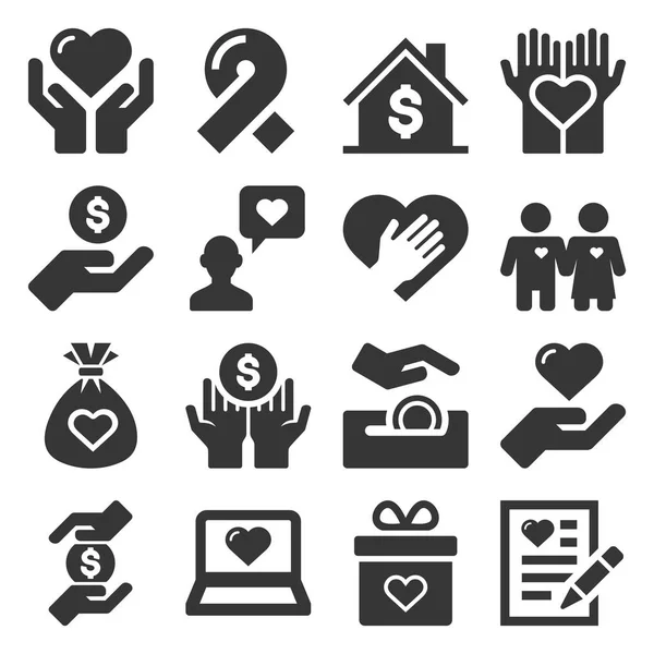 Välgörenhets-och donations ikoner ställs in på vit bakgrund. Vektor — Stock vektor
