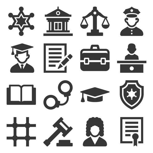 Law and Justice Icons Set on White Background (en inglés). Vector — Archivo Imágenes Vectoriales