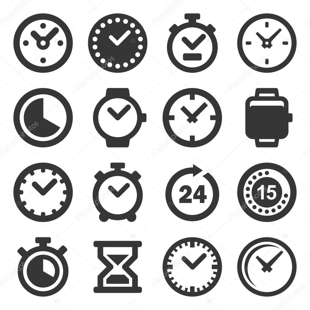 Time and Clocks Icons Set on White Background. Vector