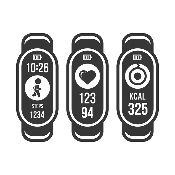 Set de iconos de banda de seguimiento de reloj inteligente y fitness. Vector — Vector de stock