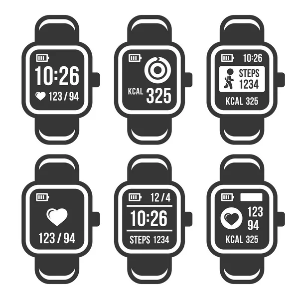 Set de iconos de banda de seguimiento de reloj inteligente y fitness. Vector — Archivo Imágenes Vectoriales
