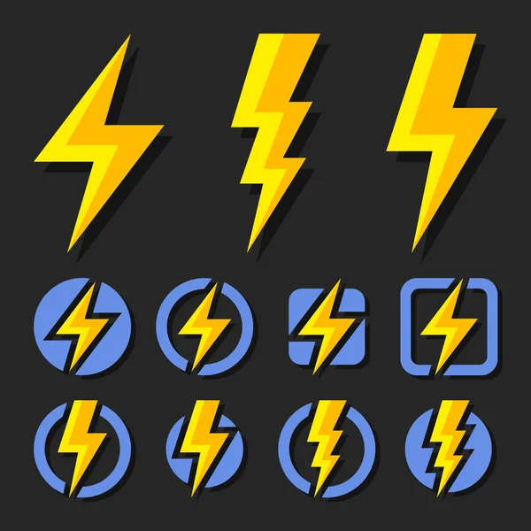 Set di icone flash per illuminazione a tuoni e bulloni. Stile piatto su sfondo scuro. Vettore — Vettoriale Stock