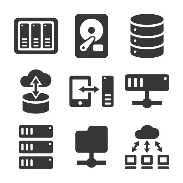 Ensemble d'icônes de partage de fichiers réseau et de serveur NAS. Vecteur — Image vectorielle