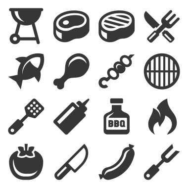 Barbekü ve Izgara Simgeleri Beyaz Arkaplanda Ayarlandı. Vektör
