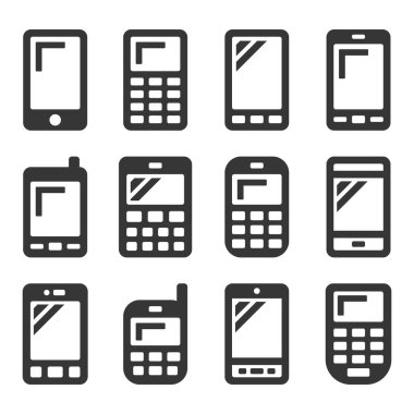Cep Telefonu Simgeleri Beyaz Arkaplanda Ayarlandı. Vektör