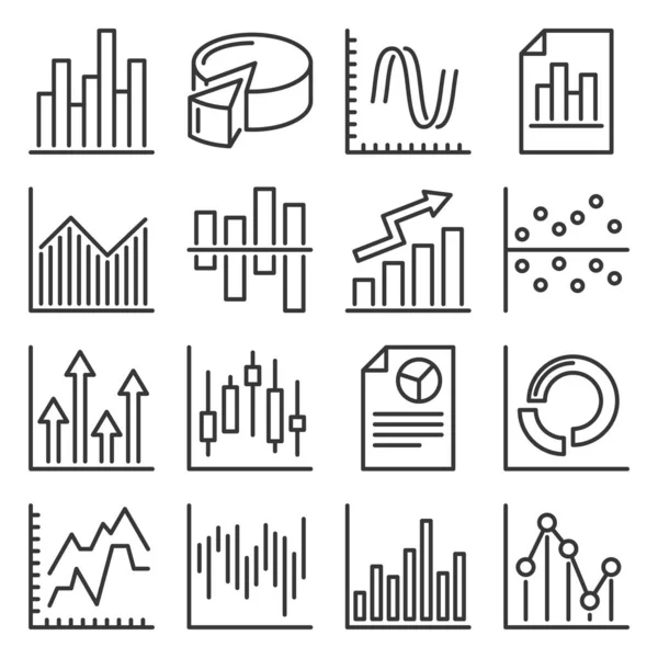 Charts and Graphs Icons Set on White Background (dalam bahasa Inggris). Vektor Gaya Garis - Stok Vektor