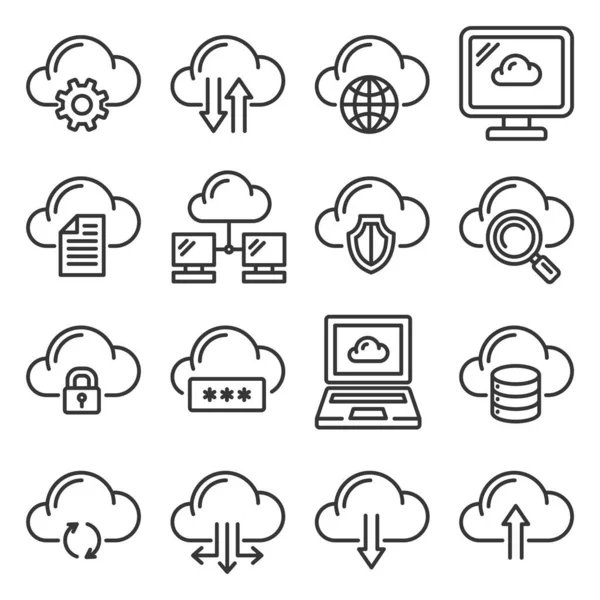 Conjunto de iconos de red de cloud computing. Estilo de línea Vector — Vector de stock