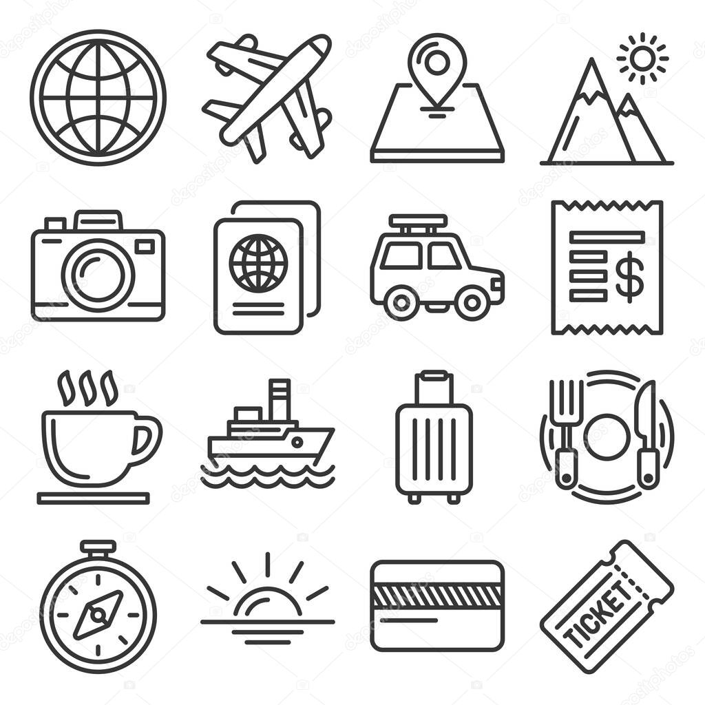 Travel Icons Set on White Background. Line Style Vector