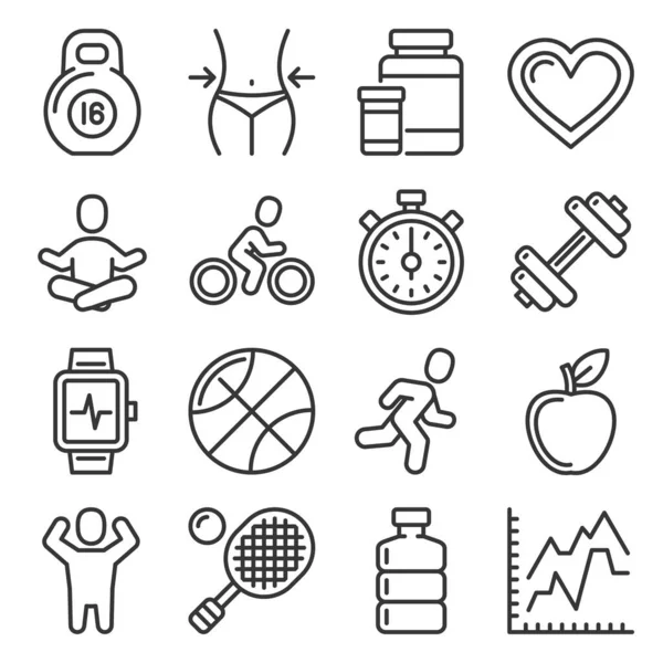 Fitness and Health Icons Set on White Background (en inglés). Estilo de línea Vector — Archivo Imágenes Vectoriales