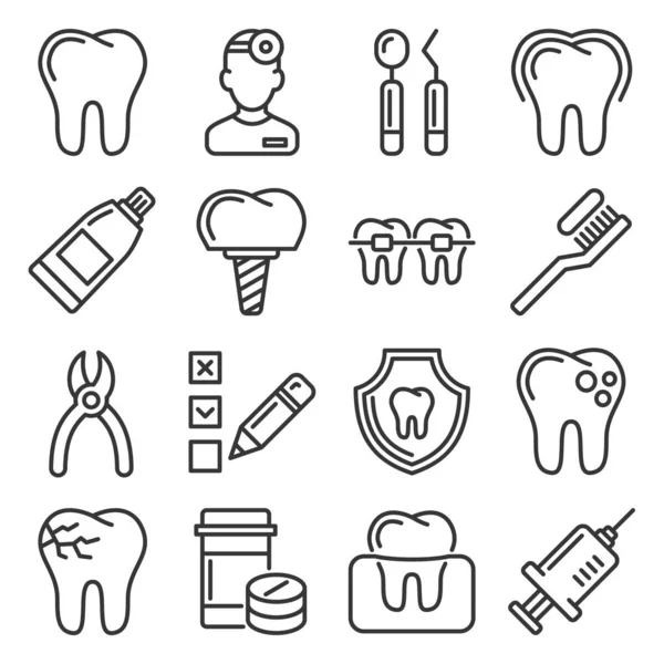 Iconos dentales sobre fondo blanco. Estilo de línea Vector — Vector de stock