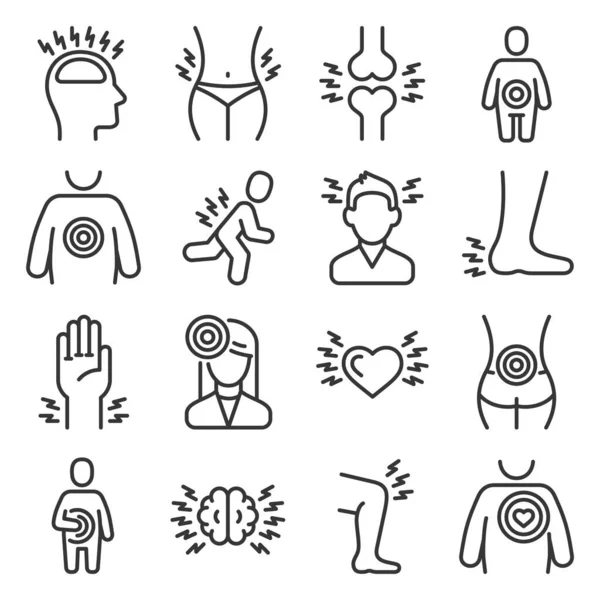 Iconos de dolor en el cuerpo humano establecidos sobre fondo blanco. Estilo de línea Vector — Archivo Imágenes Vectoriales