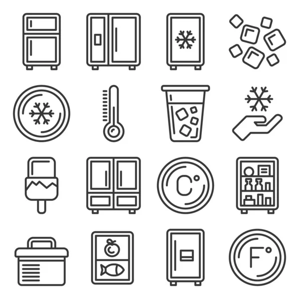 Conjunto de iconos de refrigerador y refrigerador. Estilo de línea Vector — Archivo Imágenes Vectoriales