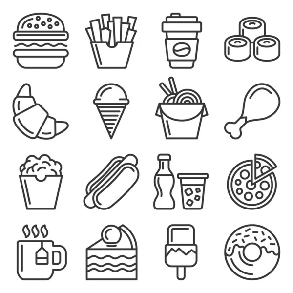 Set de iconos del patio de comida rápida y comida. Estilo de línea Vector — Archivo Imágenes Vectoriales