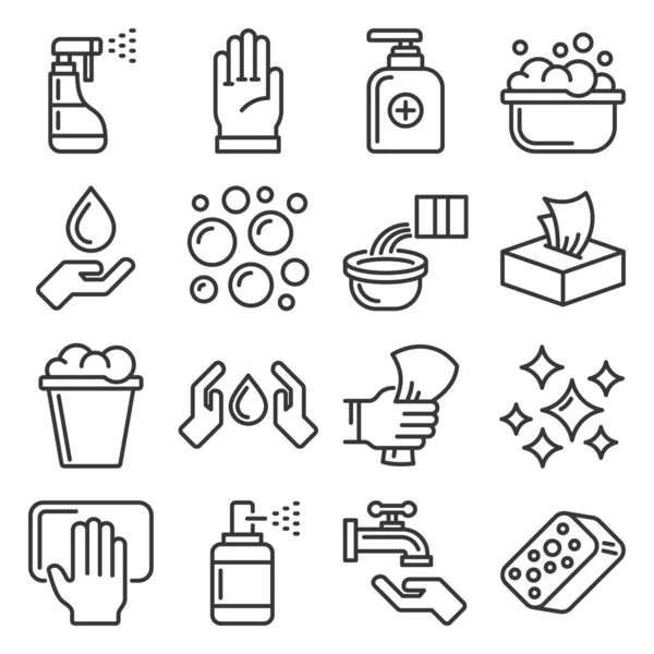 Sanitation ans Clean Icons Set su sfondo bianco. Vettore stile linea — Vettoriale Stock