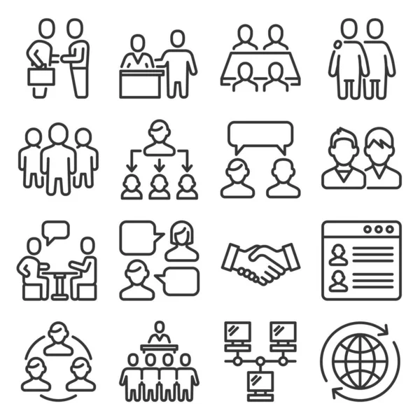 Iconos de gestión de la cooperación empresarial establecidos sobre fondo blanco. Estilo de línea Vector — Archivo Imágenes Vectoriales