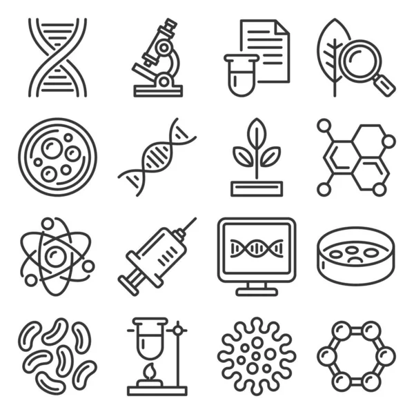 Icone della ricerca genetica e della scienza ambientate su sfondo bianco. Vettore stile linea — Vettoriale Stock