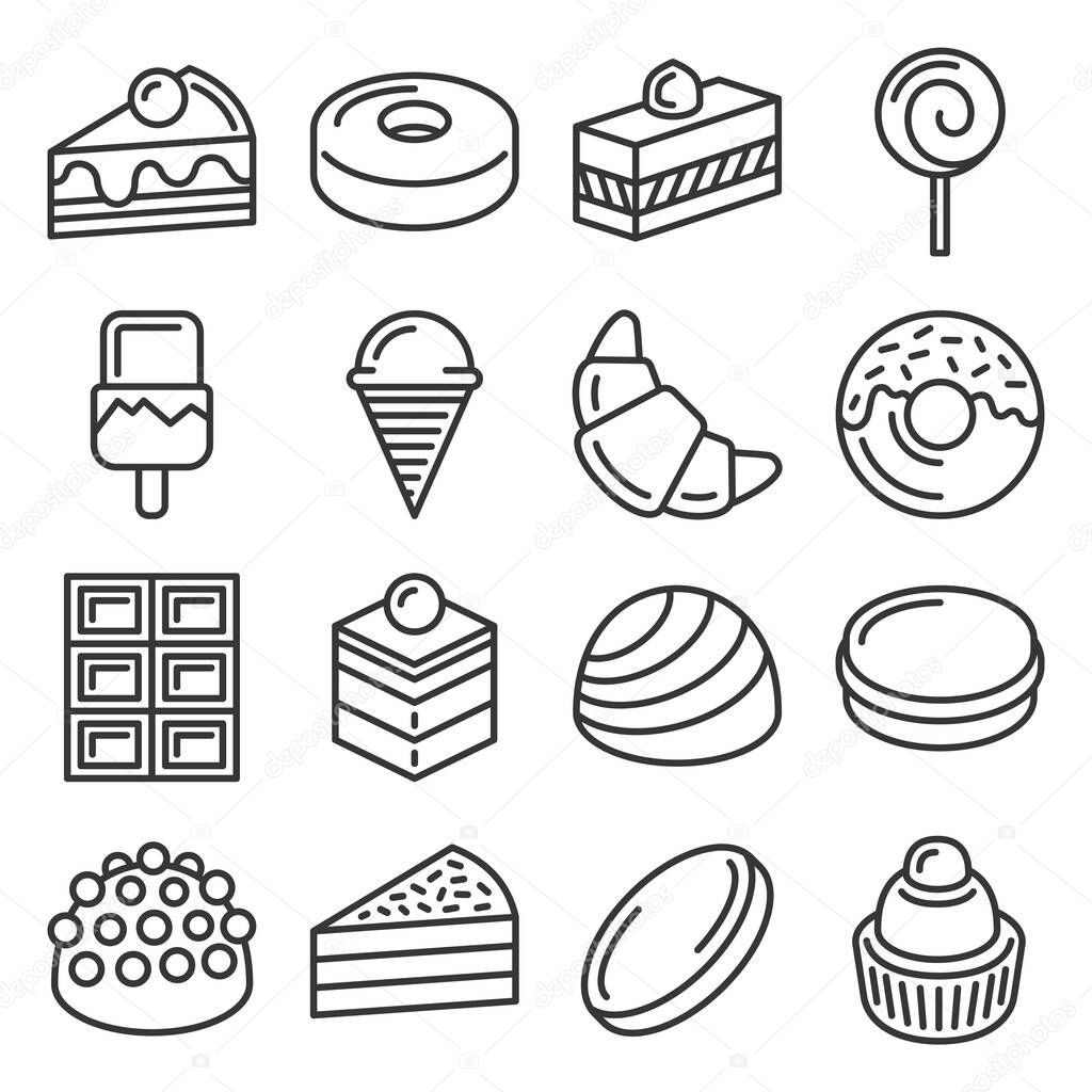 Confectionery and Sweet Pastry Icons Set. Line Style Vector