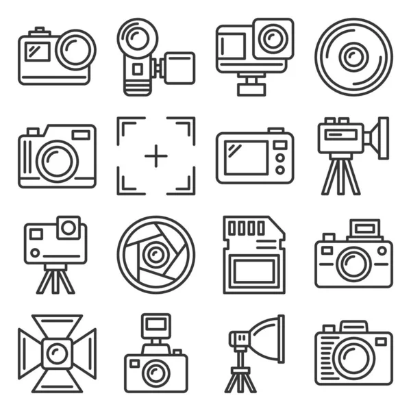 Conjunto de ícones de câmeras de ação e equipamentos de fotografia. Linha estilo Vector — Vetor de Stock