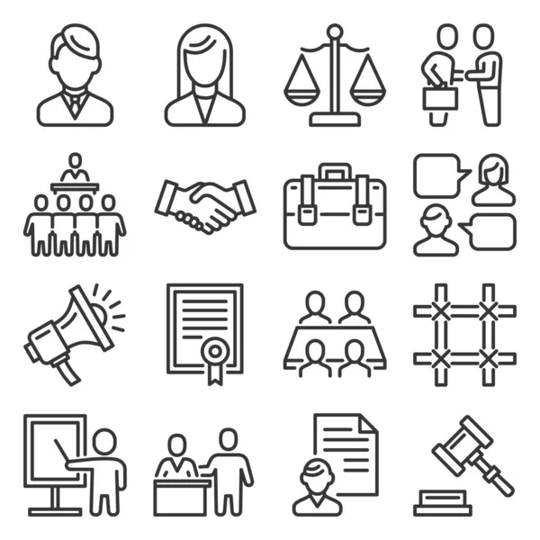 Avocat et droit juridique icônes Set sur fond blanc. Vecteur de style ligne — Image vectorielle