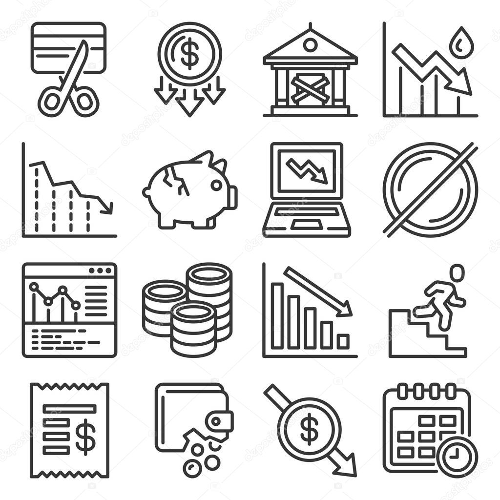 Bankruptcy Icons Set on White Background. Line Style Vector
