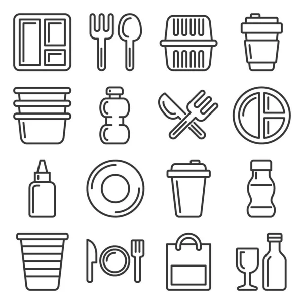 Plastic Tableware and Packaging Icons Set. Line Style Vector — Stock Vector