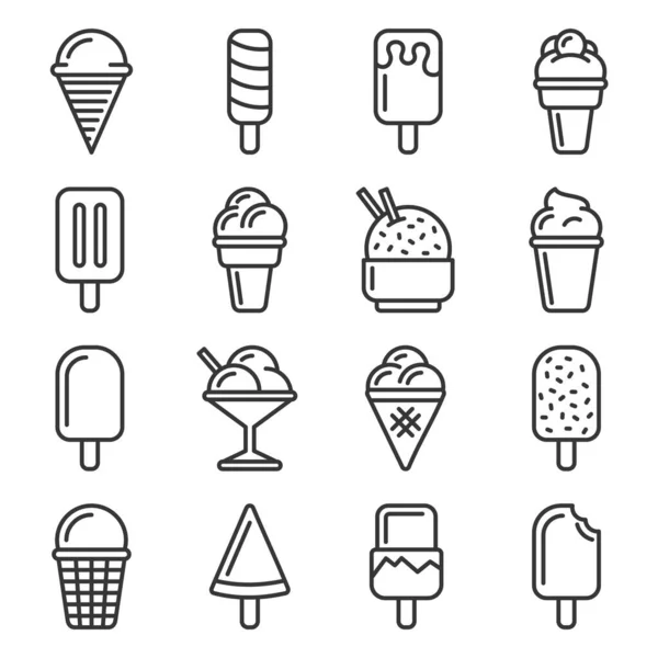 Ice Cream Pictogrammen ingesteld op witte achtergrond. Lijnstijlvector — Stockvector
