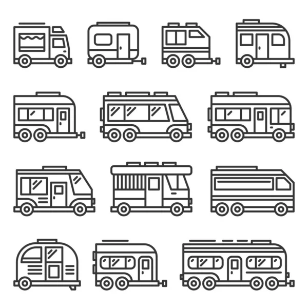 Vehículos Recreativos RV Camper Vans Iconos establecidos sobre fondo blanco. Estilo de línea Vector — Vector de stock