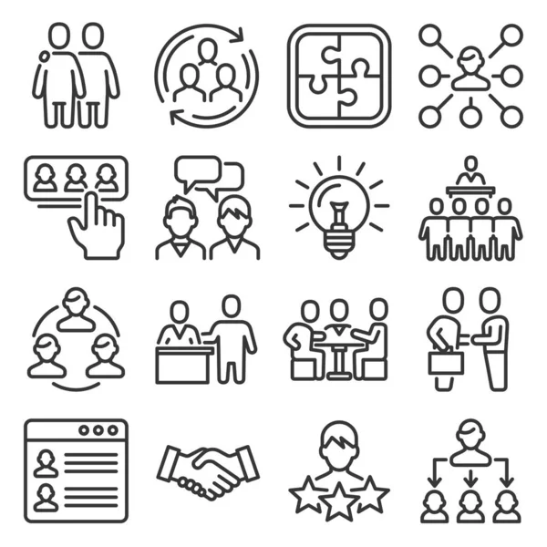 Conjunto de iconos de comunicación, colaboración y relación de personas. Estilo de línea Vector — Archivo Imágenes Vectoriales
